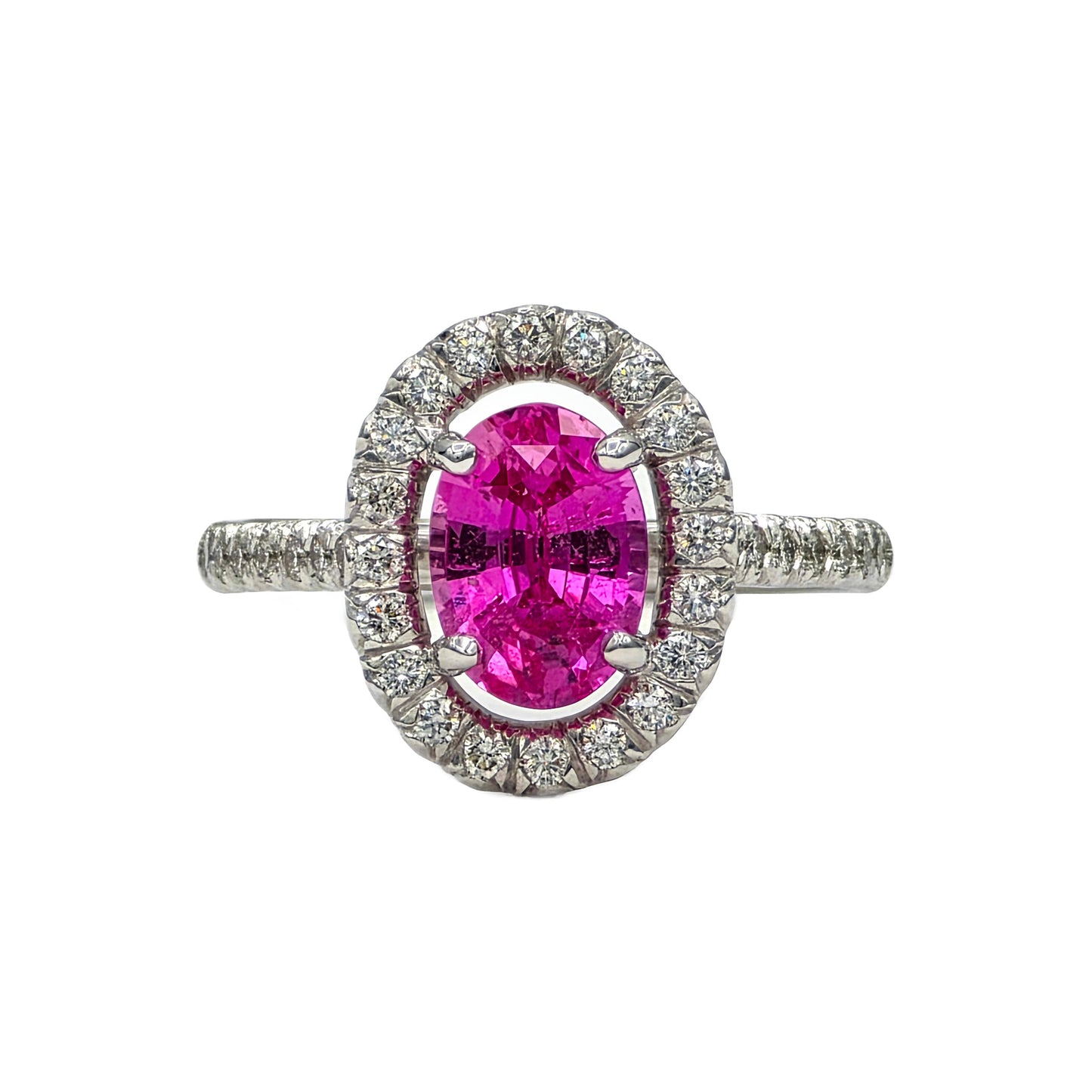 2.20 Carat Oval Pink Sapphire and Diamond Halo Ring in 14K white gold