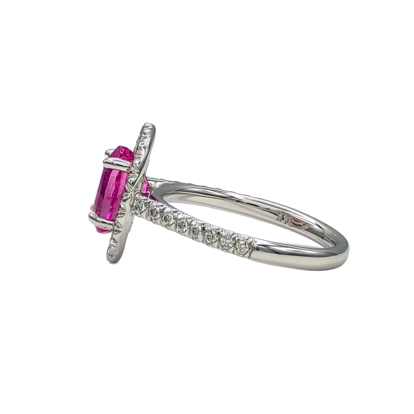 2.20 Carat Oval Pink Sapphire and Diamond Halo Ring in 14K white gold