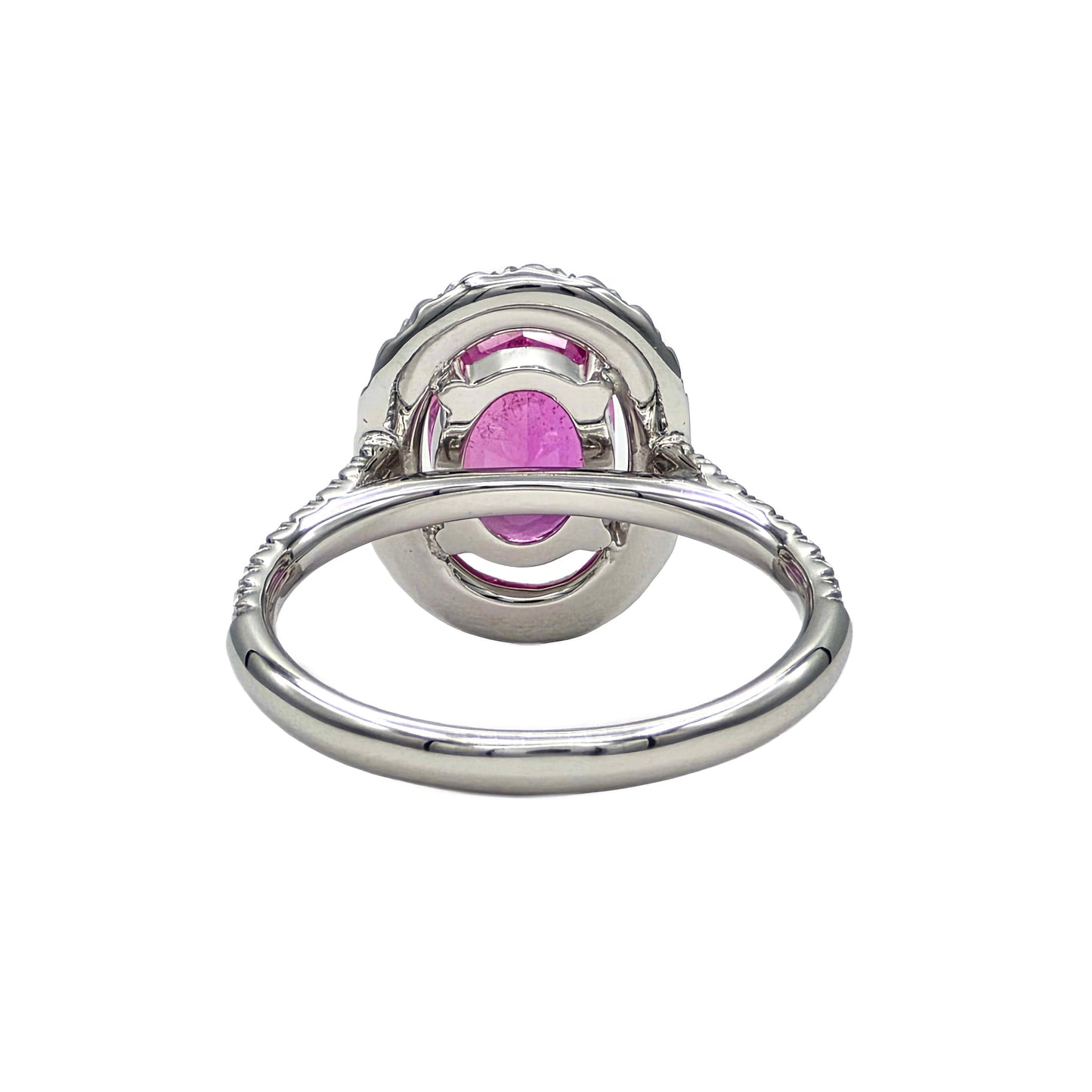 2.20 Carat Oval Pink Sapphire and Diamond Halo Ring in 14K white gold