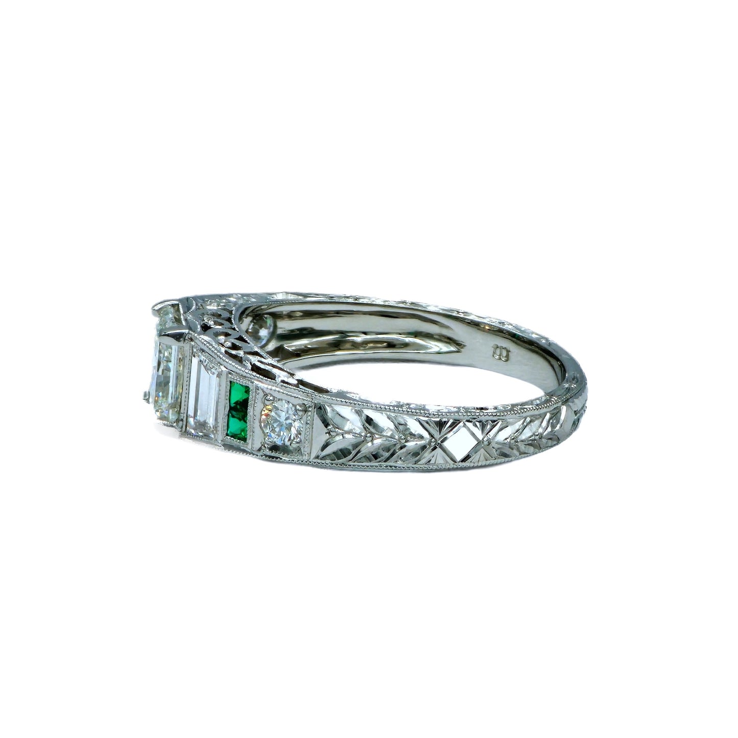 1.02 Carat I/SI1 Radiant Cut Diamond Hand Engraved Ring in Platinum by Whitehouse Brothers, GIA Report