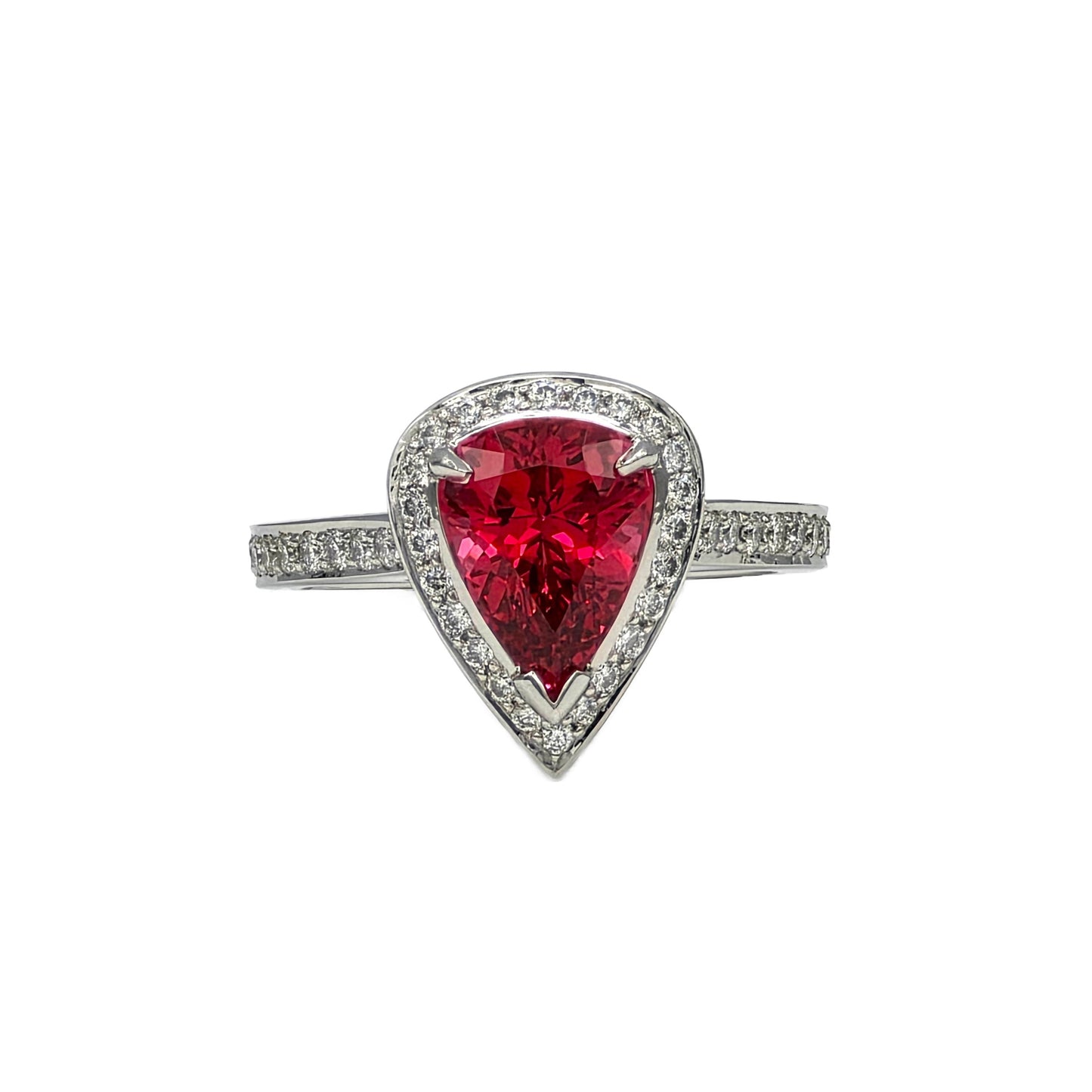 Platinum 2.48 Carat pear shape red spinel and diamond ring