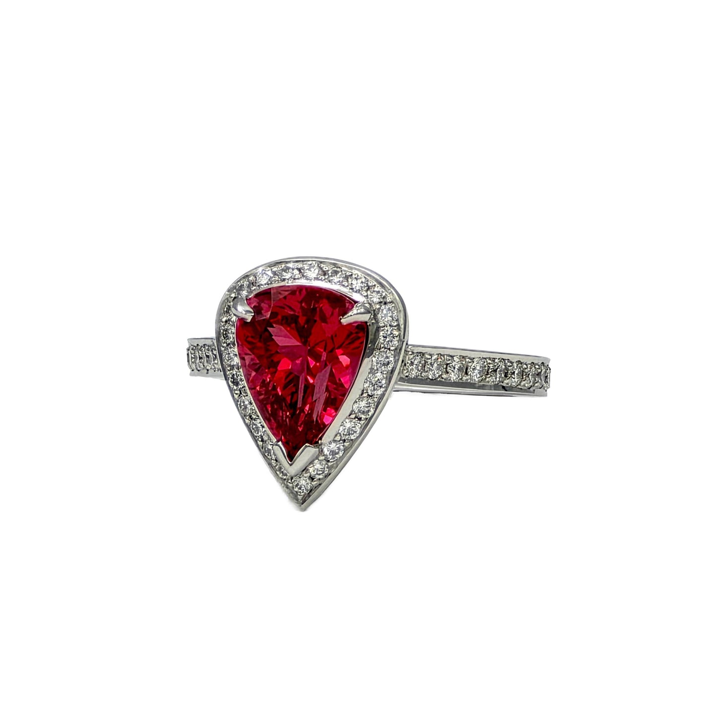 Platinum 2.48 Carat pear shape red spinel and diamond ring