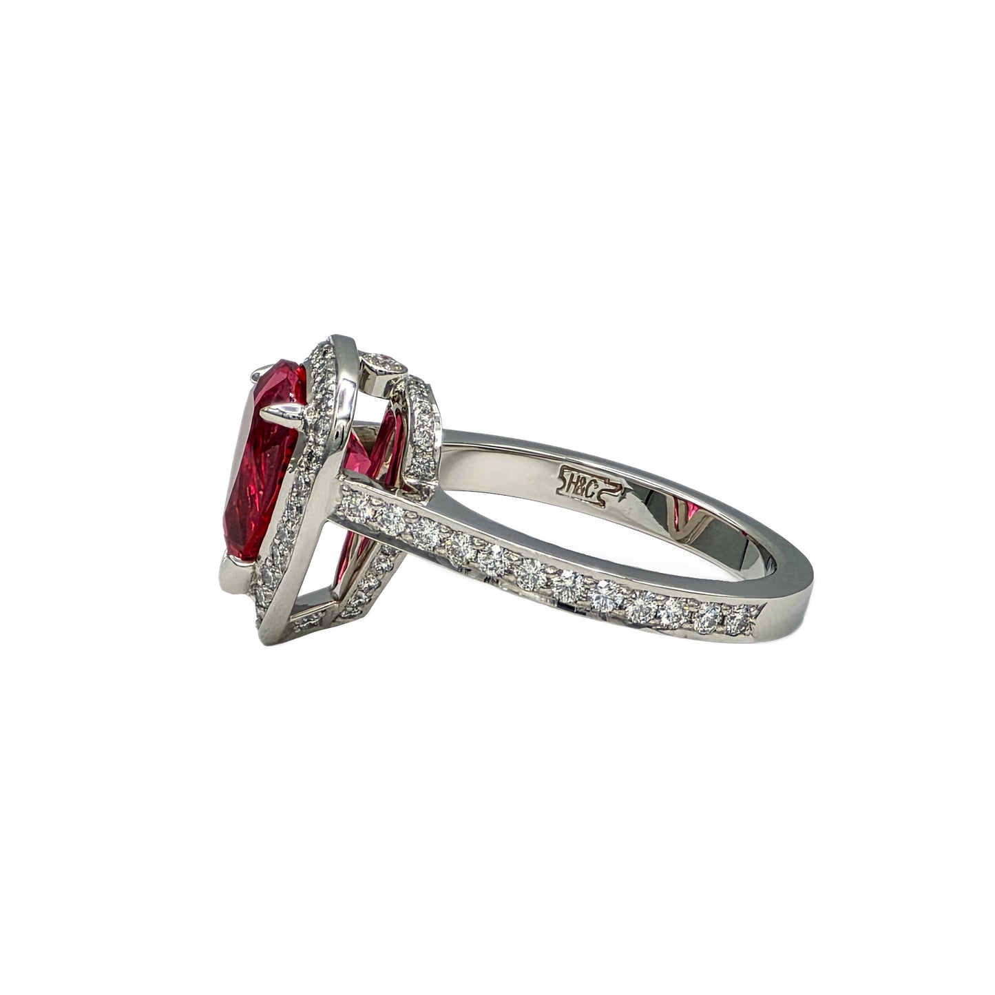 Platinum 2.48 Carat pear shape red spinel and diamond ring