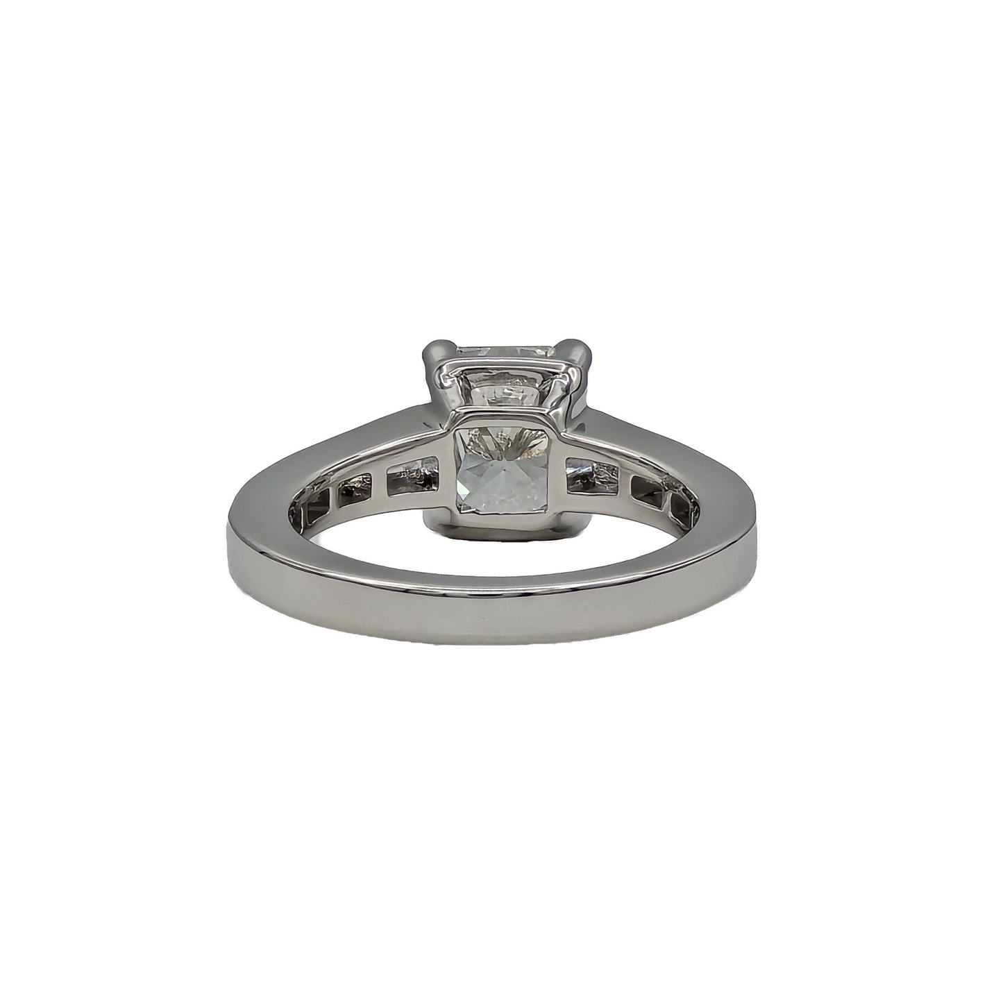 Back view of 2.31 Carat radiant cut diamond ring in platinum