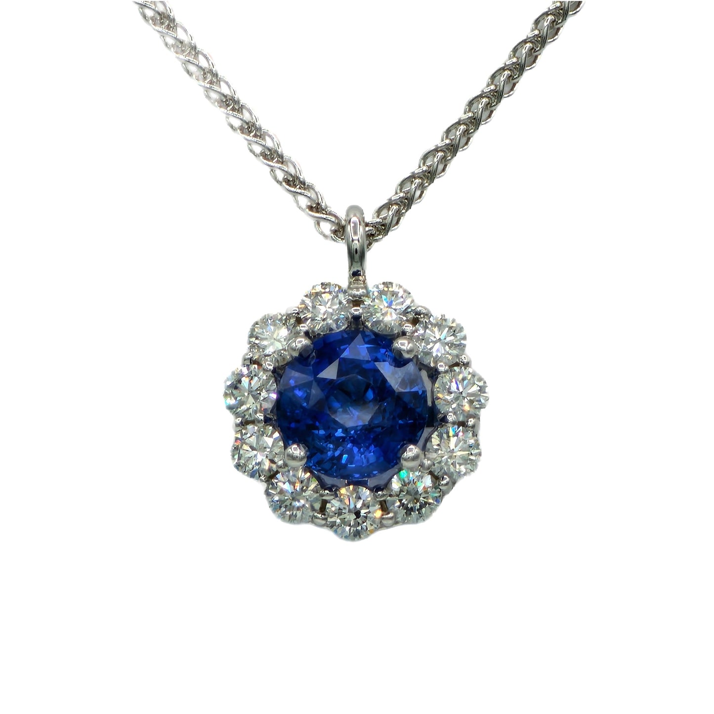 14K White gold 3.07 Carat Round Sapphire and Diamond Halo Pendant