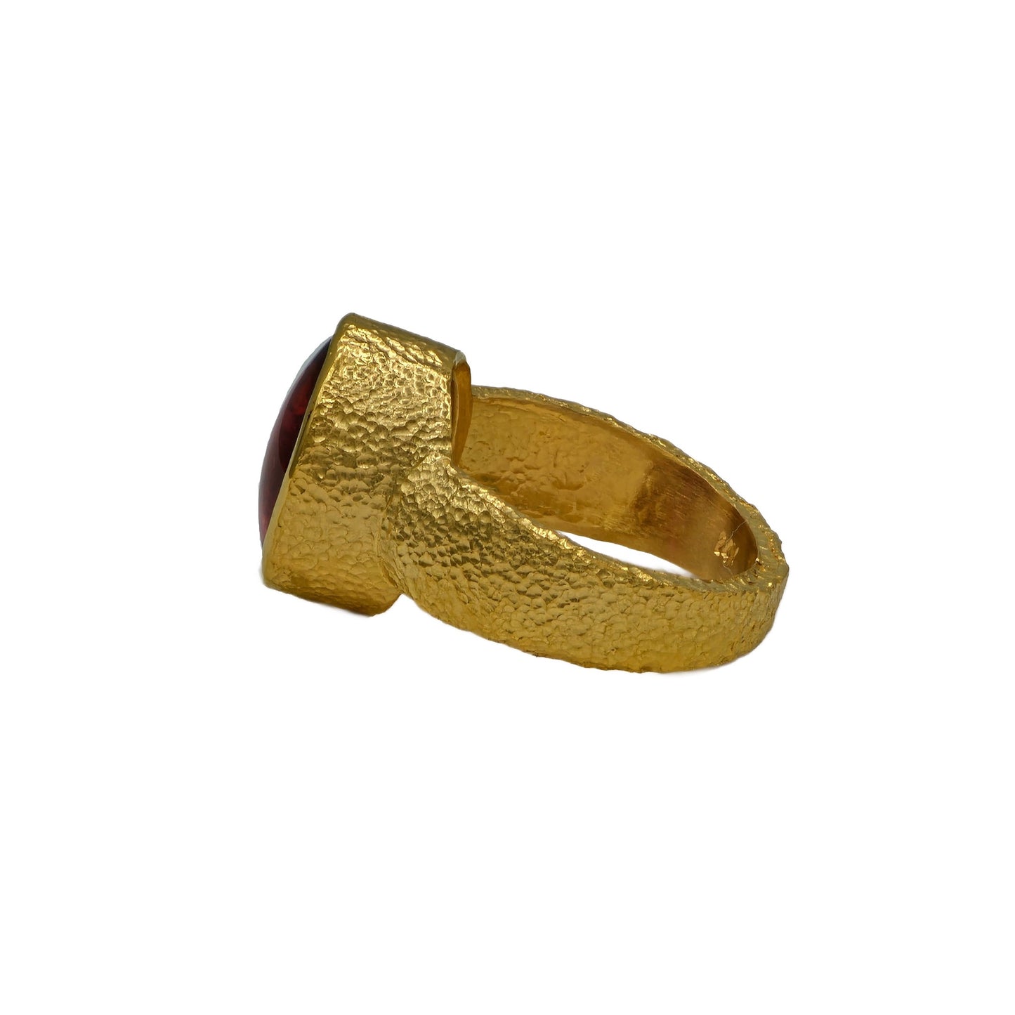 8.95 Carat Buff Top Oval Cabochon Hammered 24K Yellow Gold Ring
