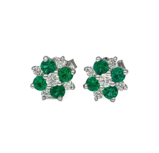 14K Emerald and Diamond Cluster Earrings