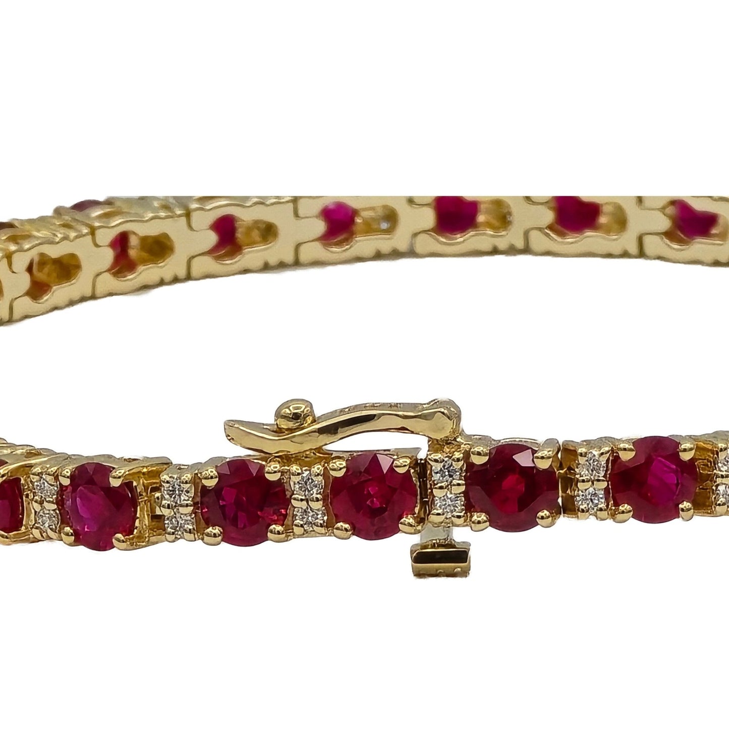 closeup photo of 8.12 Carat round ruby and diamond bracelet in 14K yellow gold