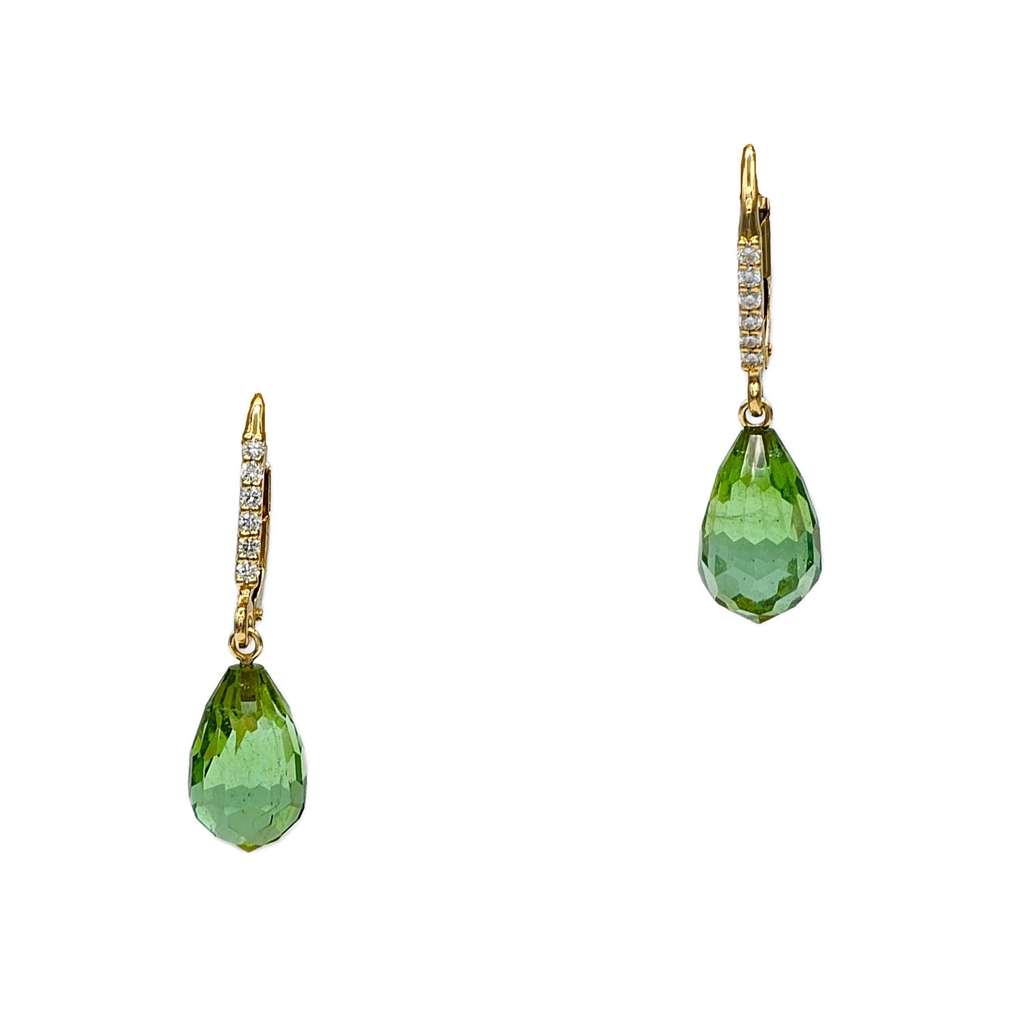 9.46 Carat Briolette Blue-Green Tourmaline Earrings in 14K Yellow Gold