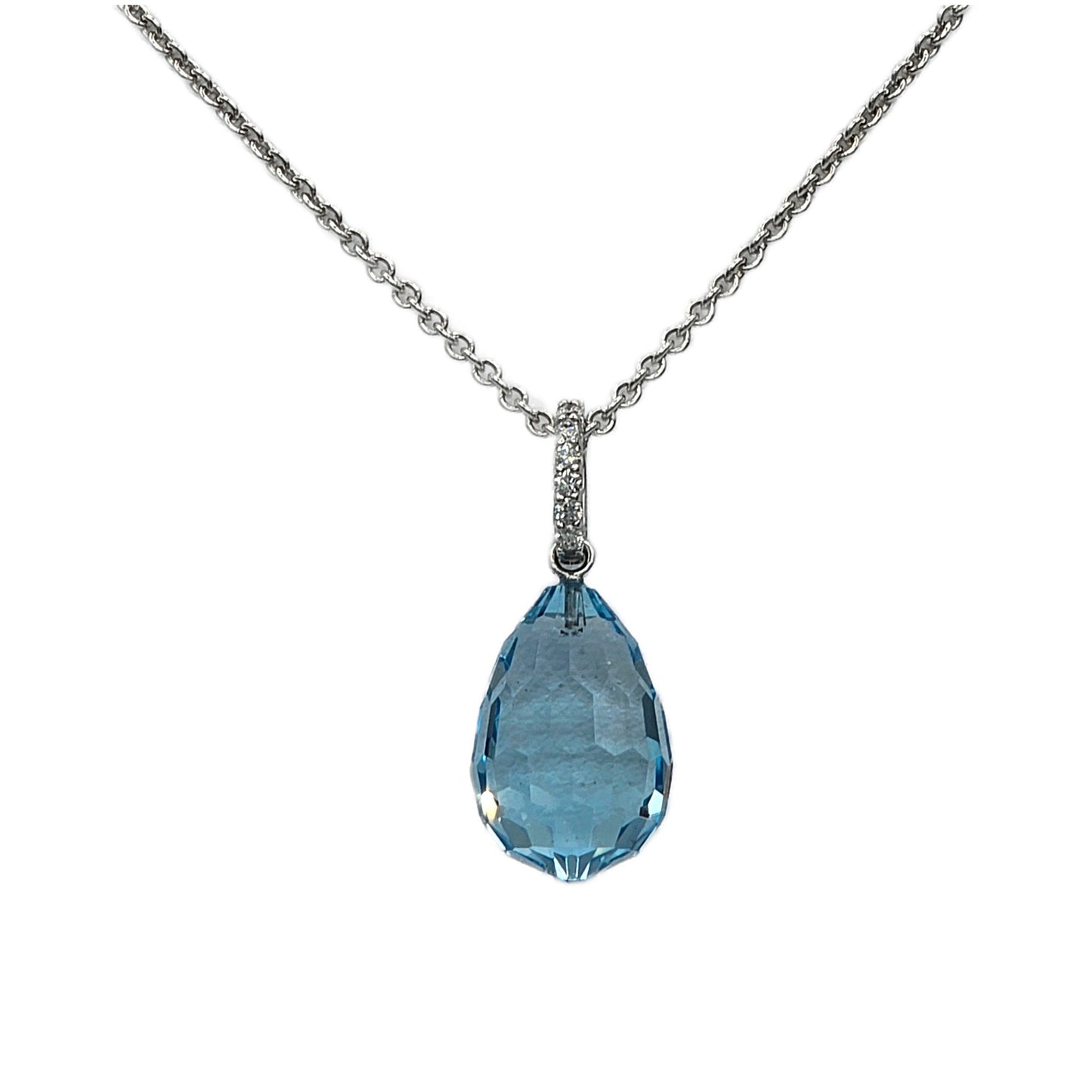 14K White Gold 6.10 Carat Briolette Aquamarine and Diamond Pendant