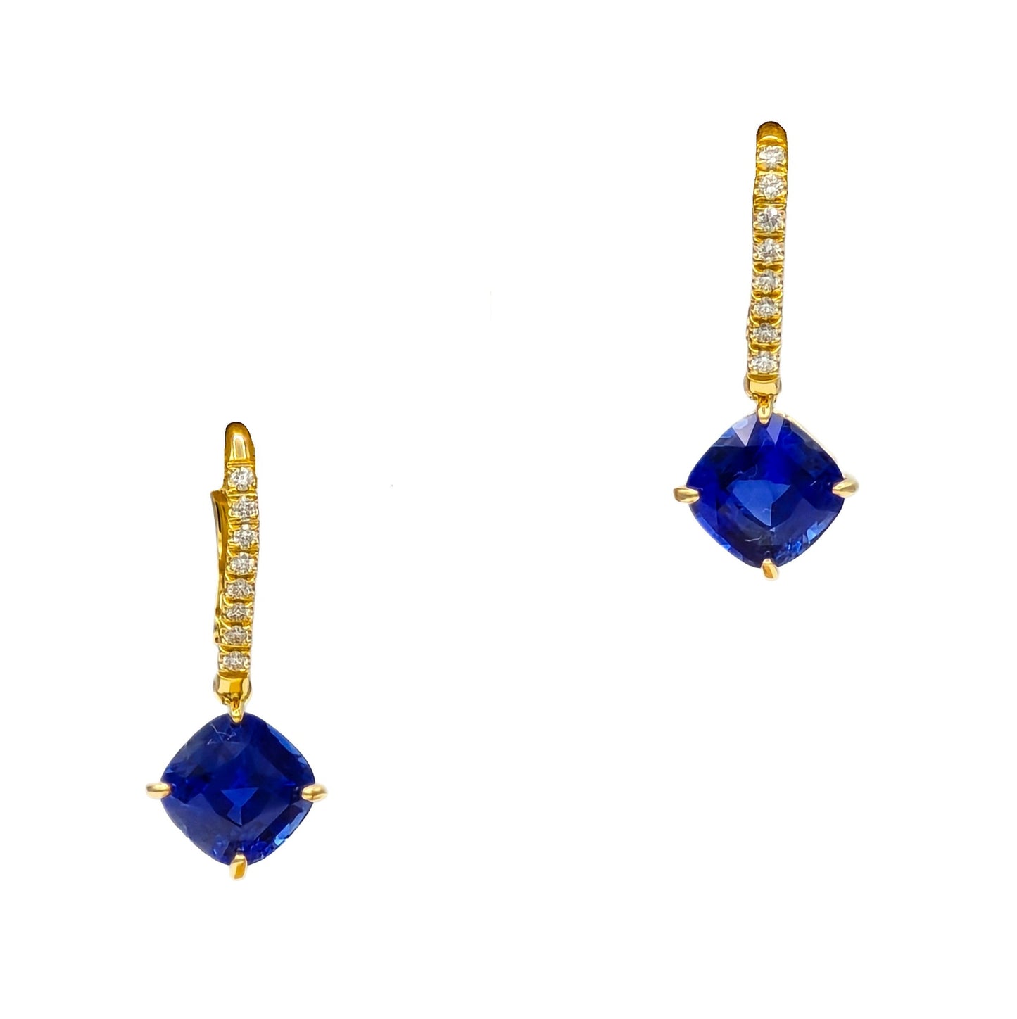 6.14 Carat Cushion Cut Blue Sapphire Earrings in 18K Yellow Gold