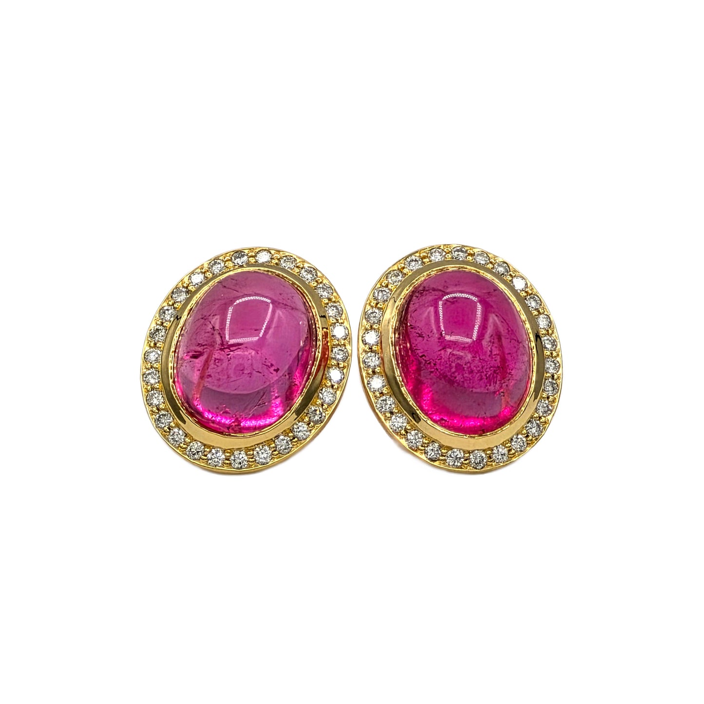 7.41 Carat Oval Cabochon Pink Tourmaline and Diamond Earrings in 18K Yellow Gold