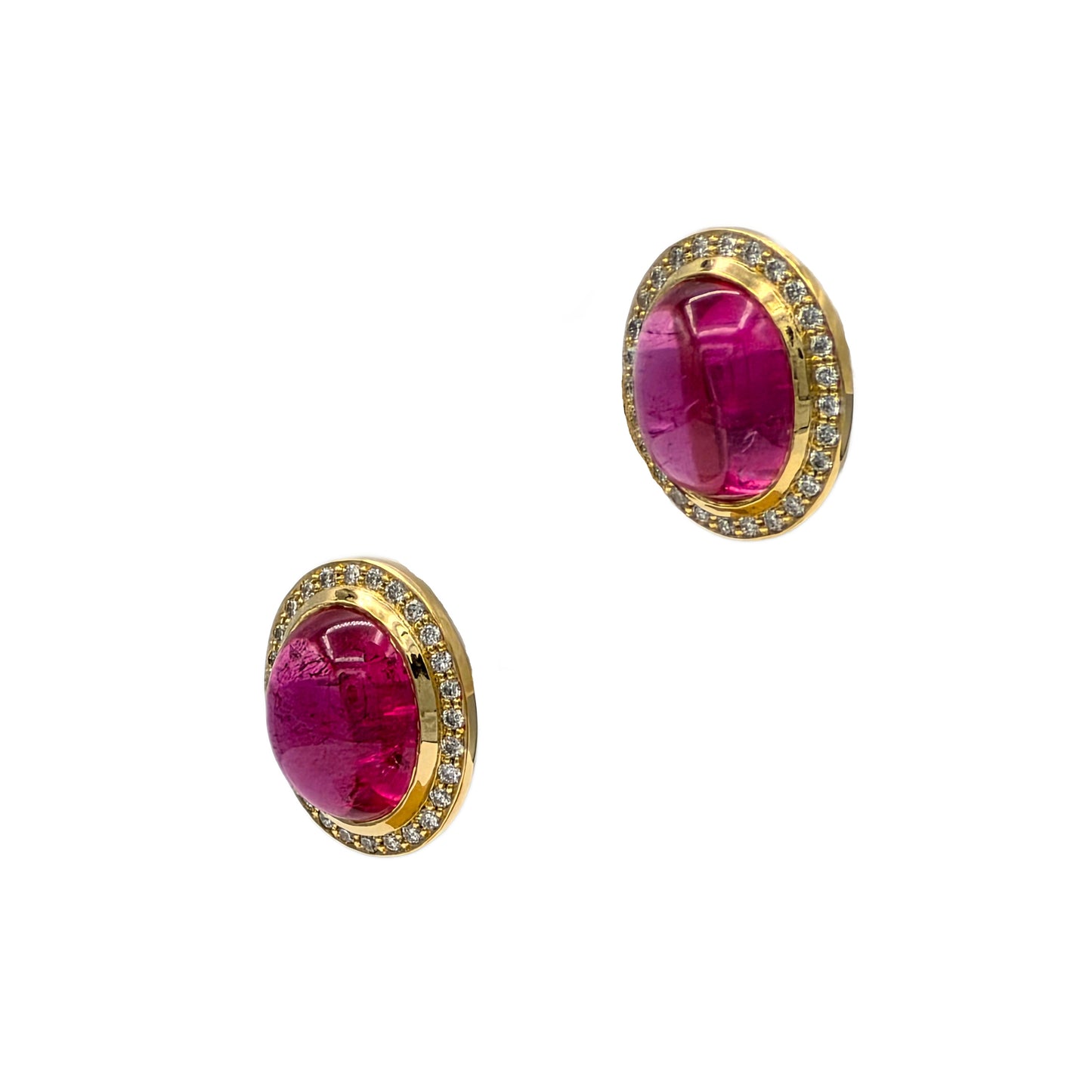 7.41 Carat Oval Cabochon Pink Tourmaline and Diamond Earrings in 18K Yellow Gold