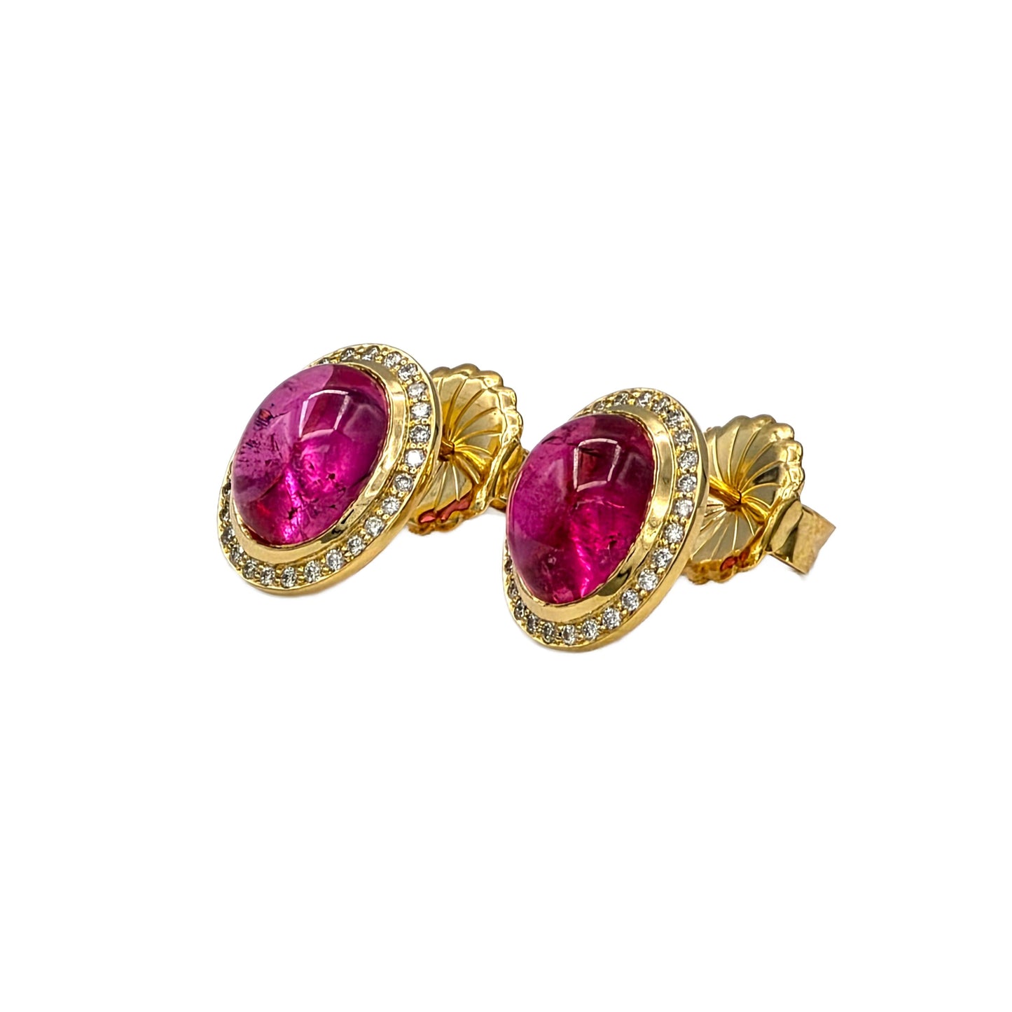7.41 Carat Oval Cabochon Pink Tourmaline and Diamond Earrings in 18K Yellow Gold