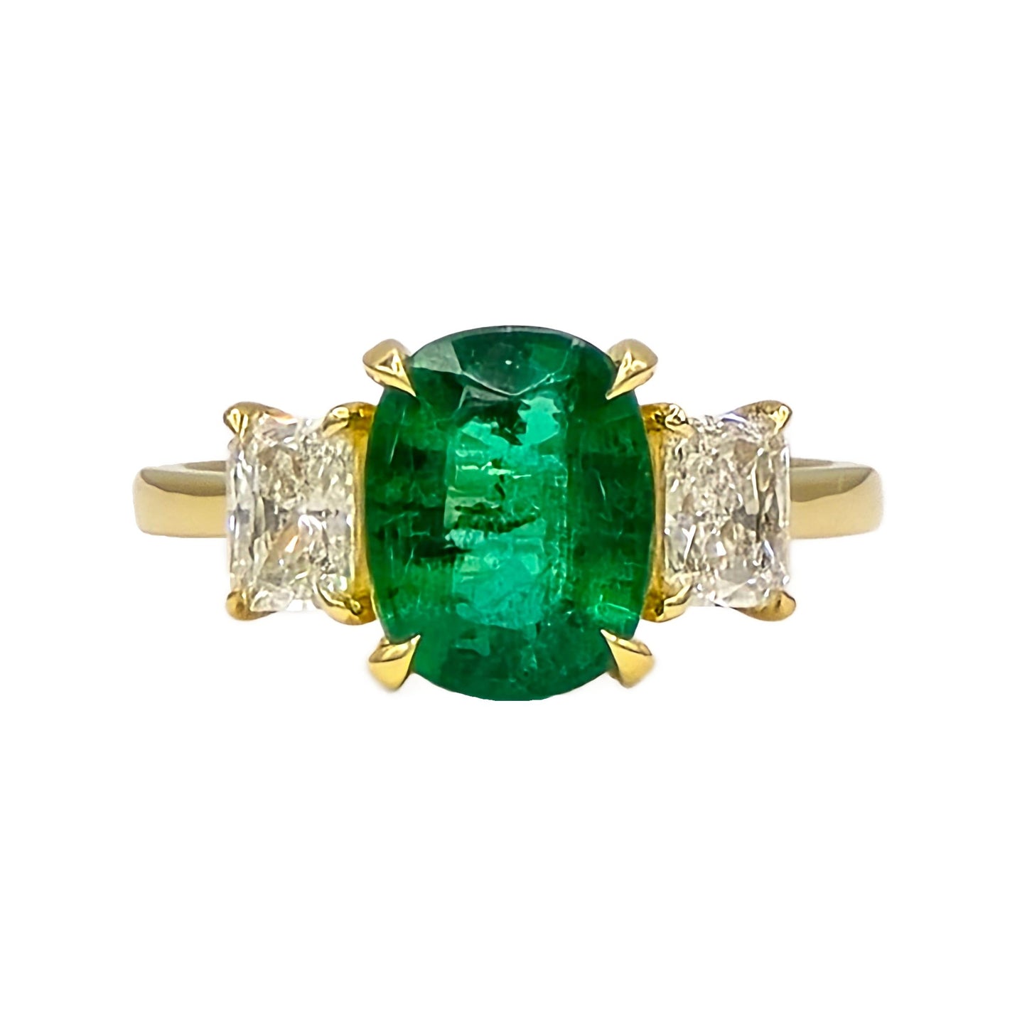 18K yellow gold 2.33ct natural emerald and 2=1.00ctw radiant cut diamond ring