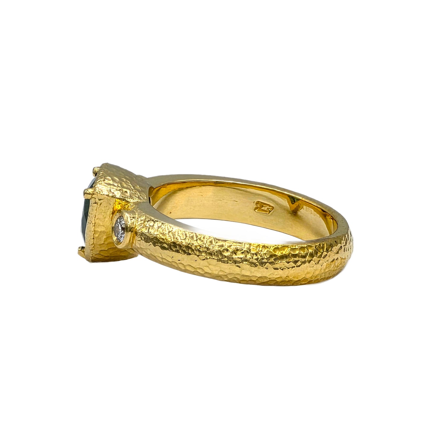 Trillion Cut Green Tourmaline and Diamond Ring in 22K Yellow Gold