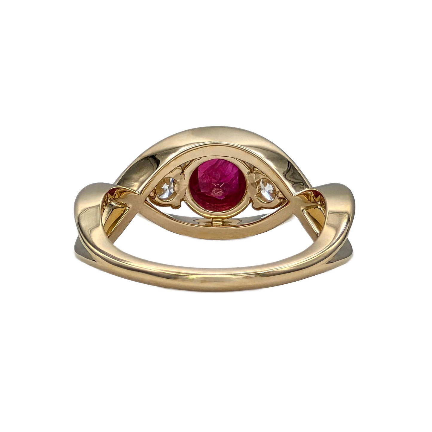 Round Ruby and Diamond 3 Stone Ring in 14K Yellow Gold