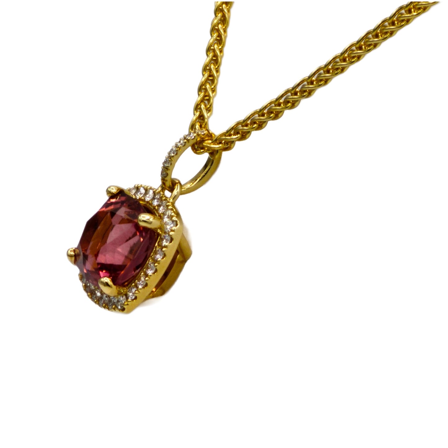 8.68 Carat Pink Tourmaline and Diamond Pendant in 18K Yellow Gold