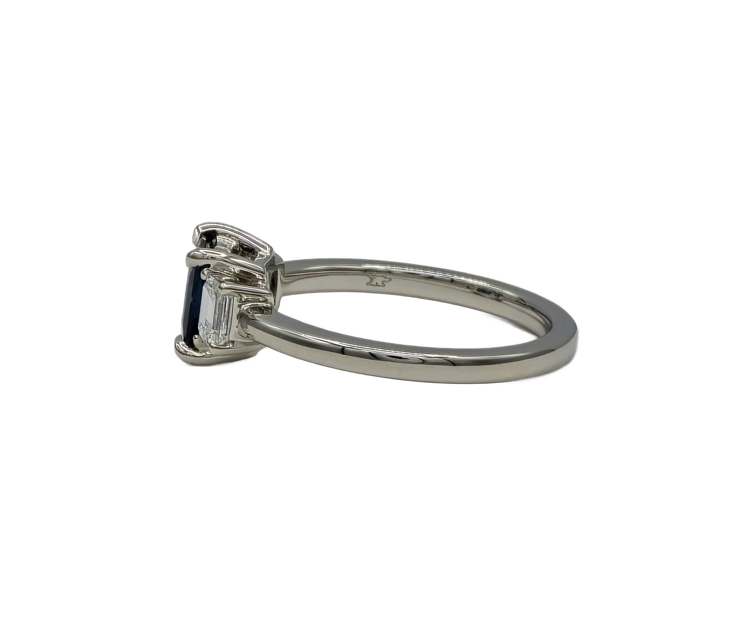 1.13 Carat Princess Cut Blue Sapphire and 2=0.47 Carat Emerald Cut Diamond Ring in Platinum