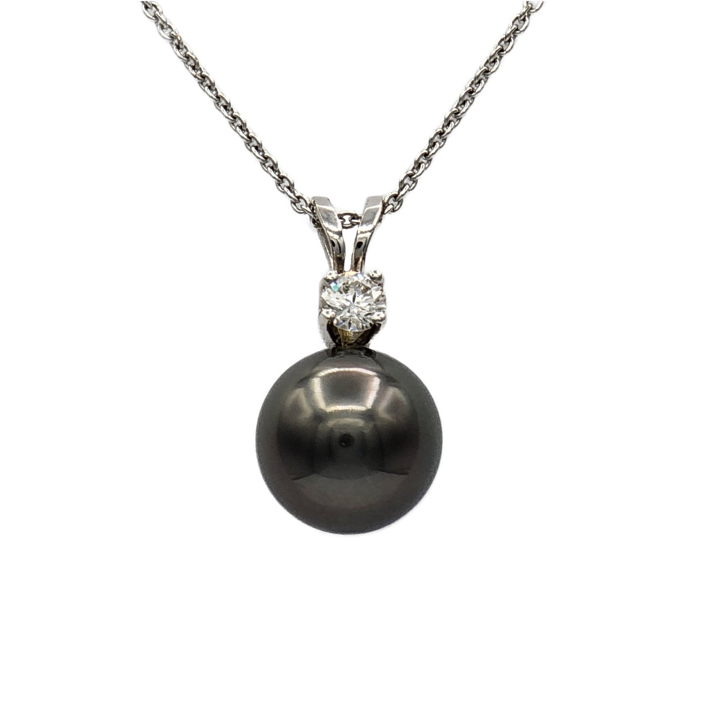 8.5mm Tahitian Pearl and 0.10 Carat Round Diamond Pendant in 14K White Gold