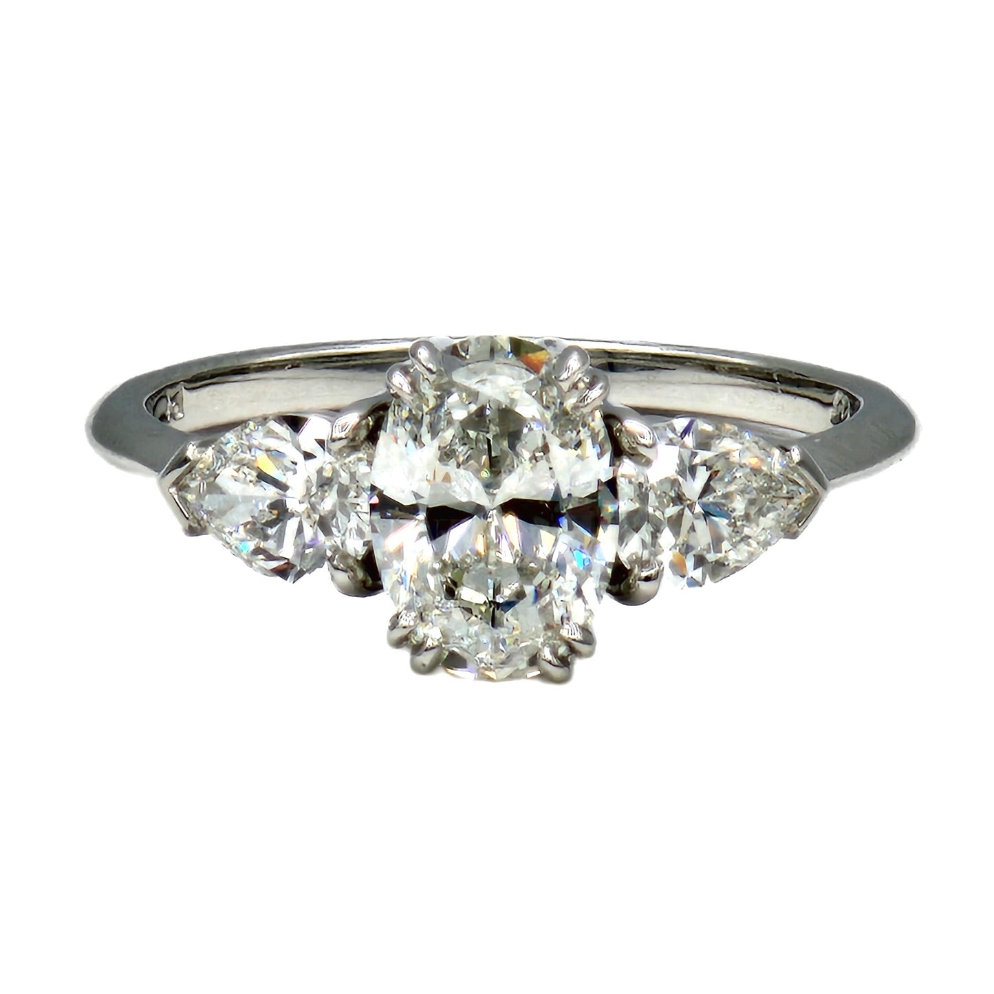 1.13 Carat G/SI1 Oval Cut Diamond with 2=0.80 Carat Pear Shape Diamonds Handmade in Platinum, GIA Report