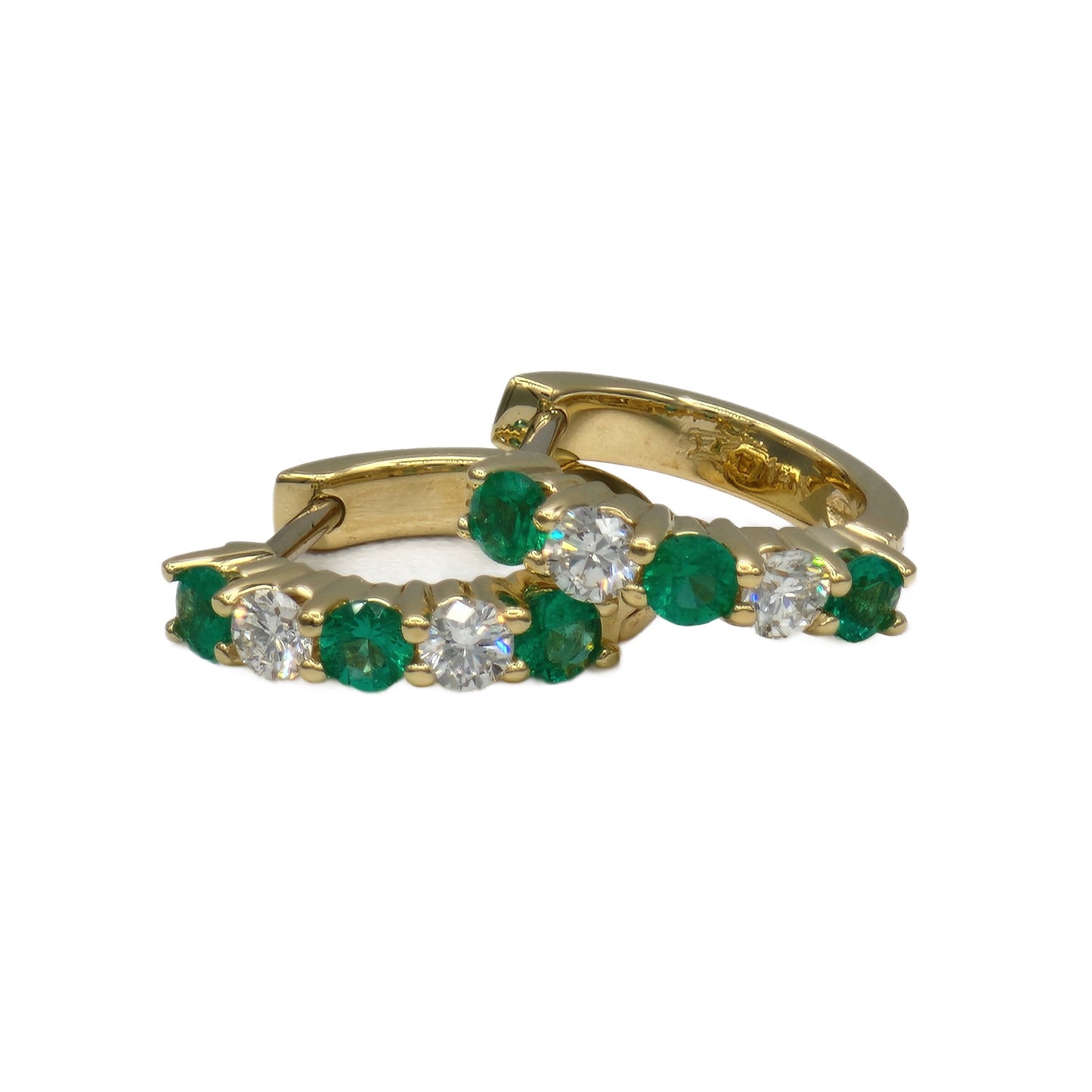 14K Yellow Gold Emerald and Diamond Huggie Hoop Earrings