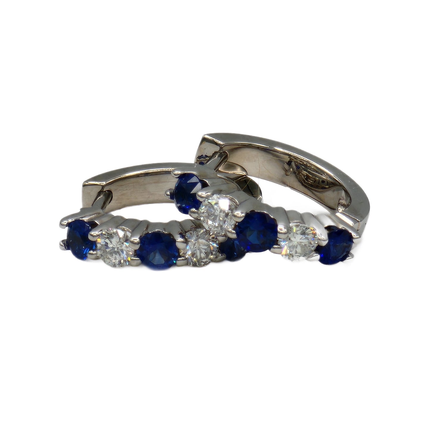 14K White Gold Sapphire and Diamond Huggie Hoop Earrings