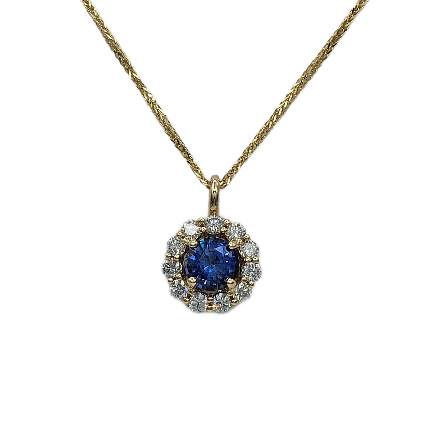 14K Yellow Gold 1.09 Carat Round Sapphire and Diamond Halo Pendant