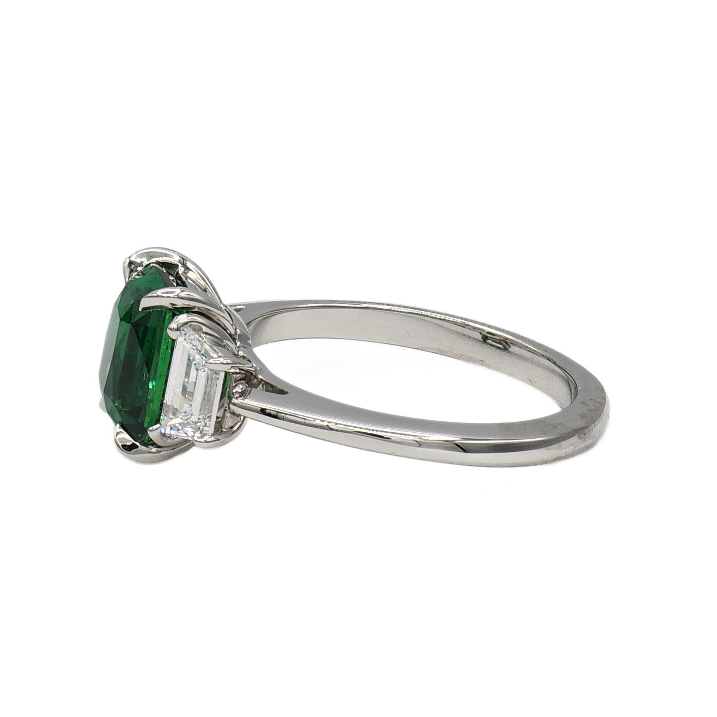 Platinum 3.01 Carat Cushion Cut Tsavorite Garnet and Diamond Ring