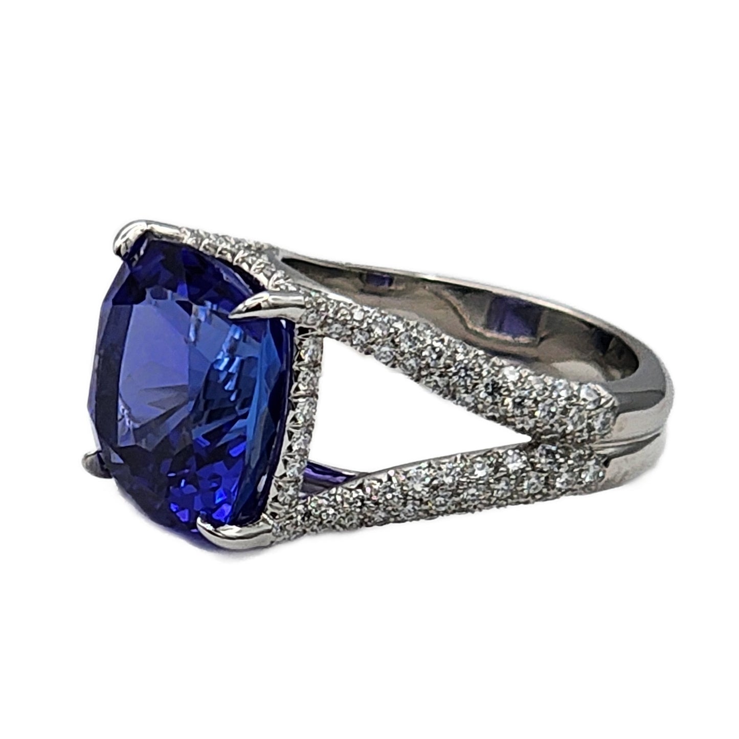 Platinum 10.20 Carat Cushion Cut Tanzanite and Diamond Ring