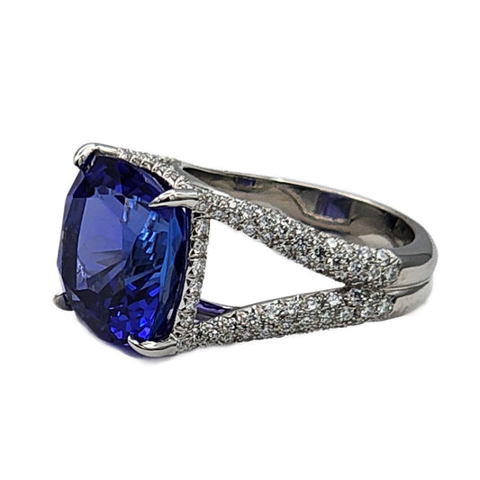 Platinum 10.20 Carat Cushion Cut Tanzanite and Diamond Ring