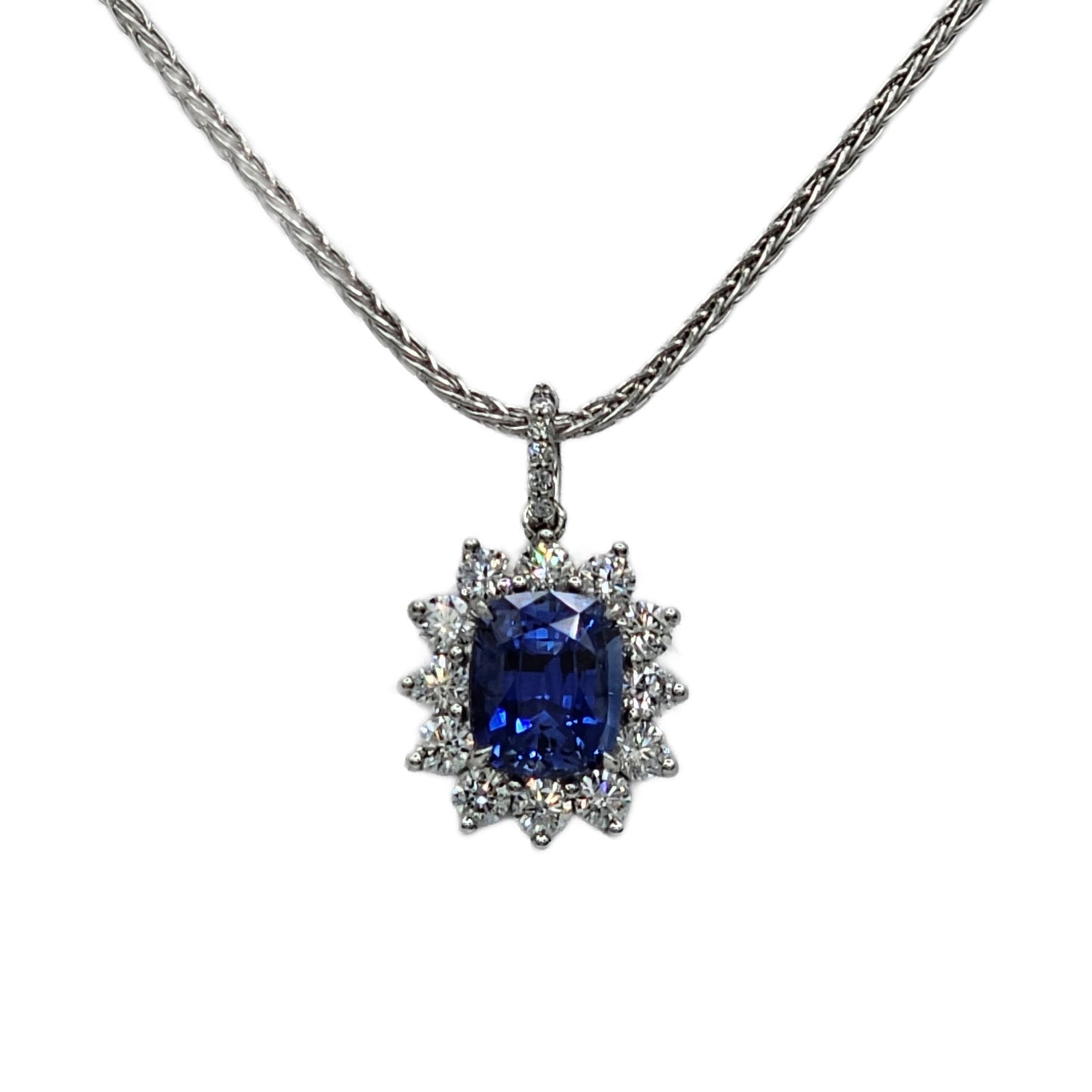 3.80 Carat Cushion Cut Sapphire and 19=1.30 Carat Diamond Pendant in Platinum