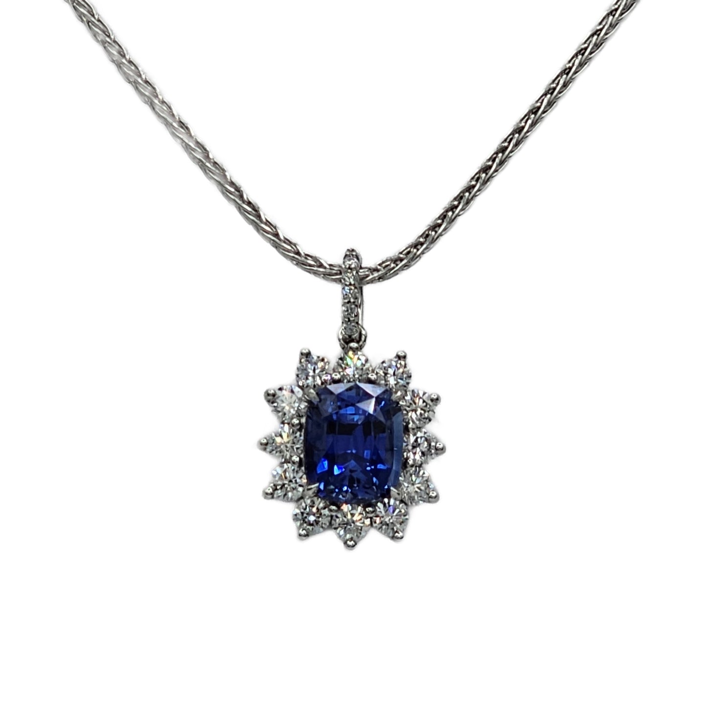 Platinum 3.80 Carat Cushion Cut Sapphire and diamond Pendant