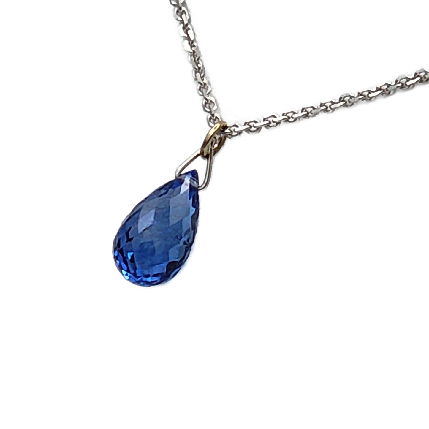 1 Carat Blue Sapphire Briolette Pendant on 14K White Gold Chain