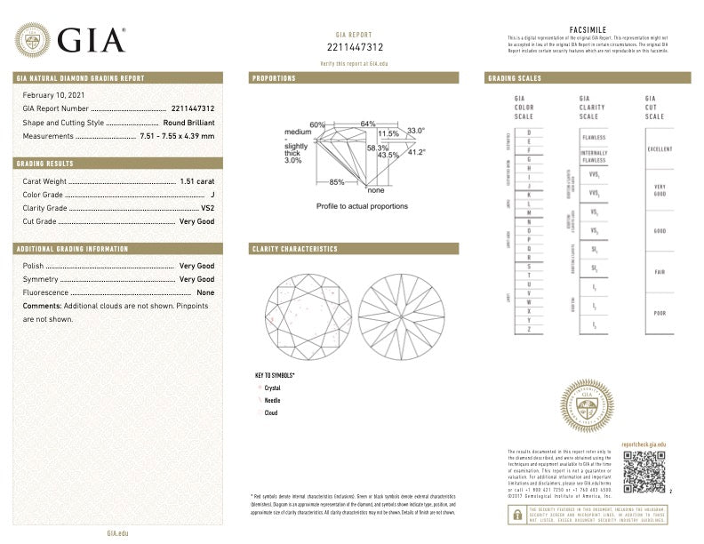 1.51 Carat J/VS2 Round Diamond and 2=0.70 Carat Round Diamond Ring in Platinum, GIA Report