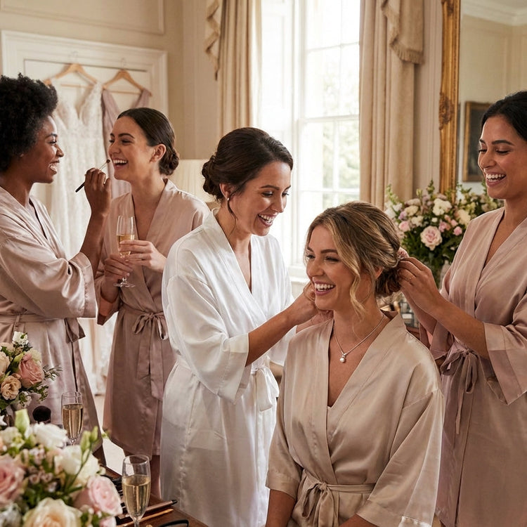 A photo of women preparing for a wedding ceremony.  This link takes you to Heileman & Company Jewelers collection of pearl jewelry.