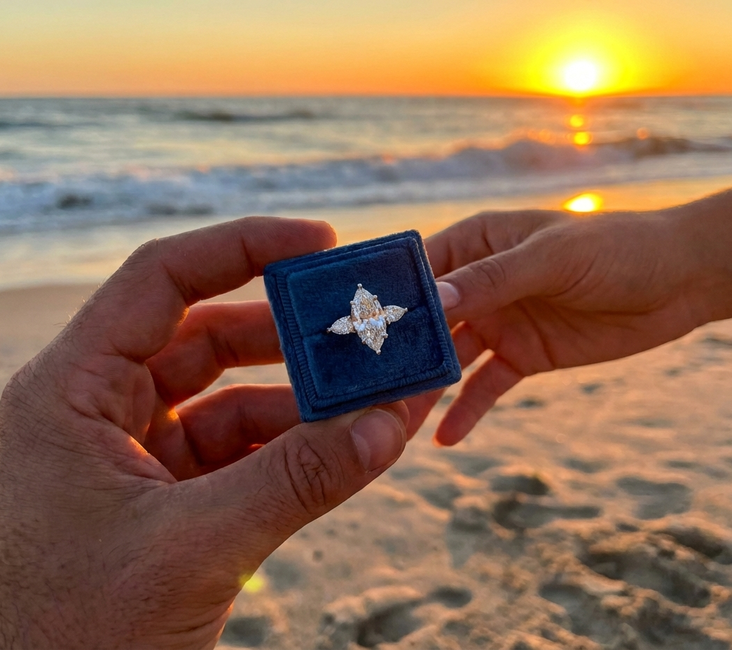 A photo of an engagement on the beach with a diamond ring.  This link will take you to Heileman & Company Jewelers engagement ring selection.