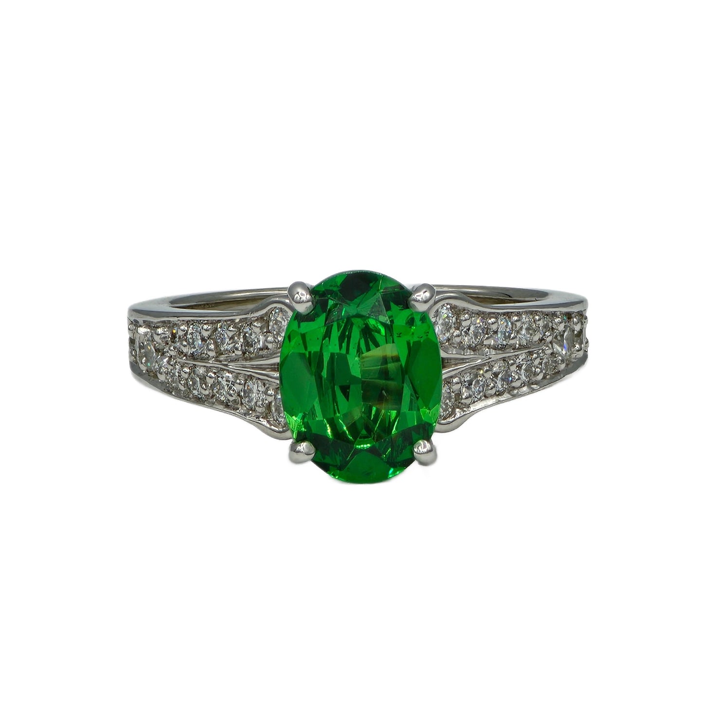 Platinum 1.95 Carat Oval Tsavorite and Diamond RIng