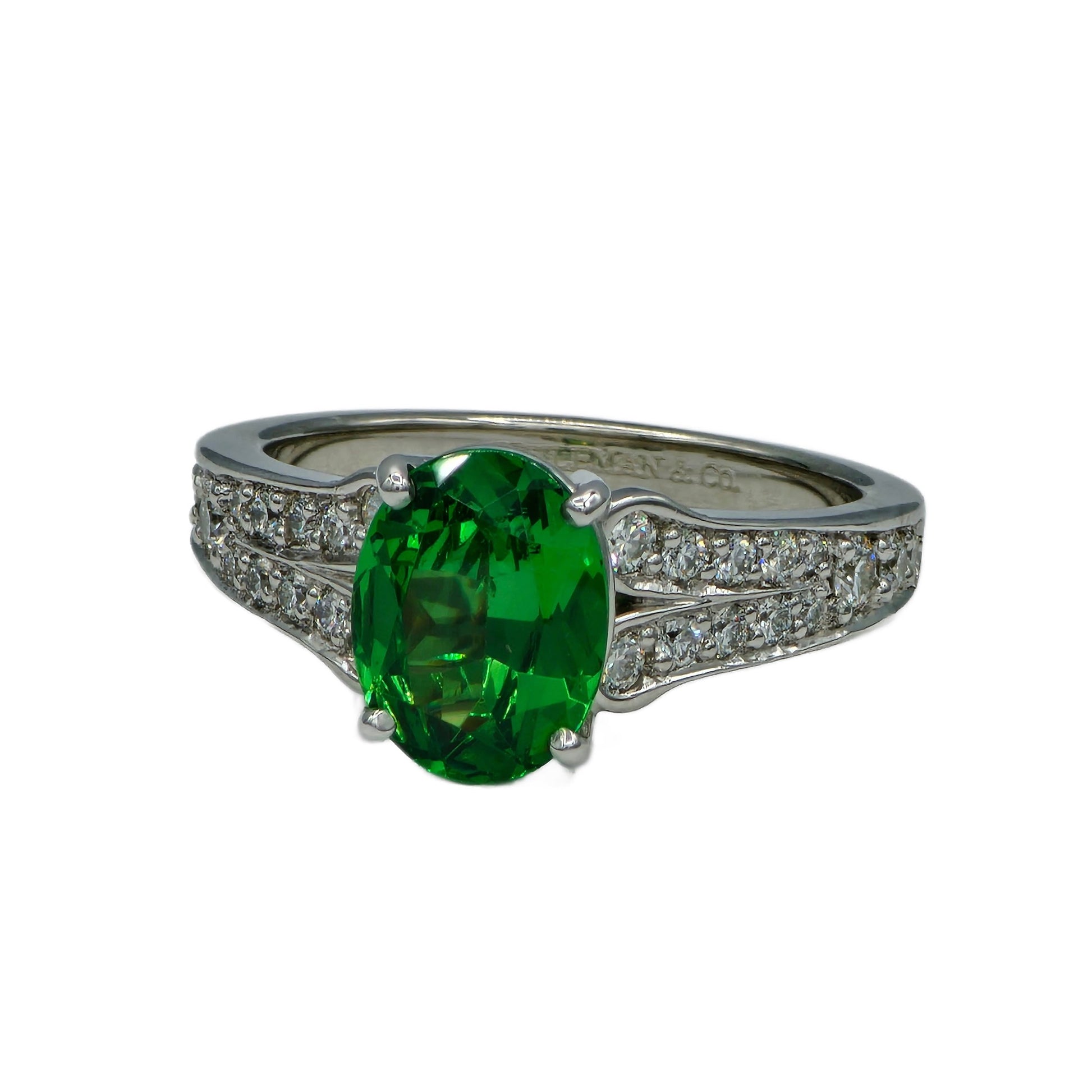 Platinum 1.95 Carat Oval Tsavorite and Diamond RIng