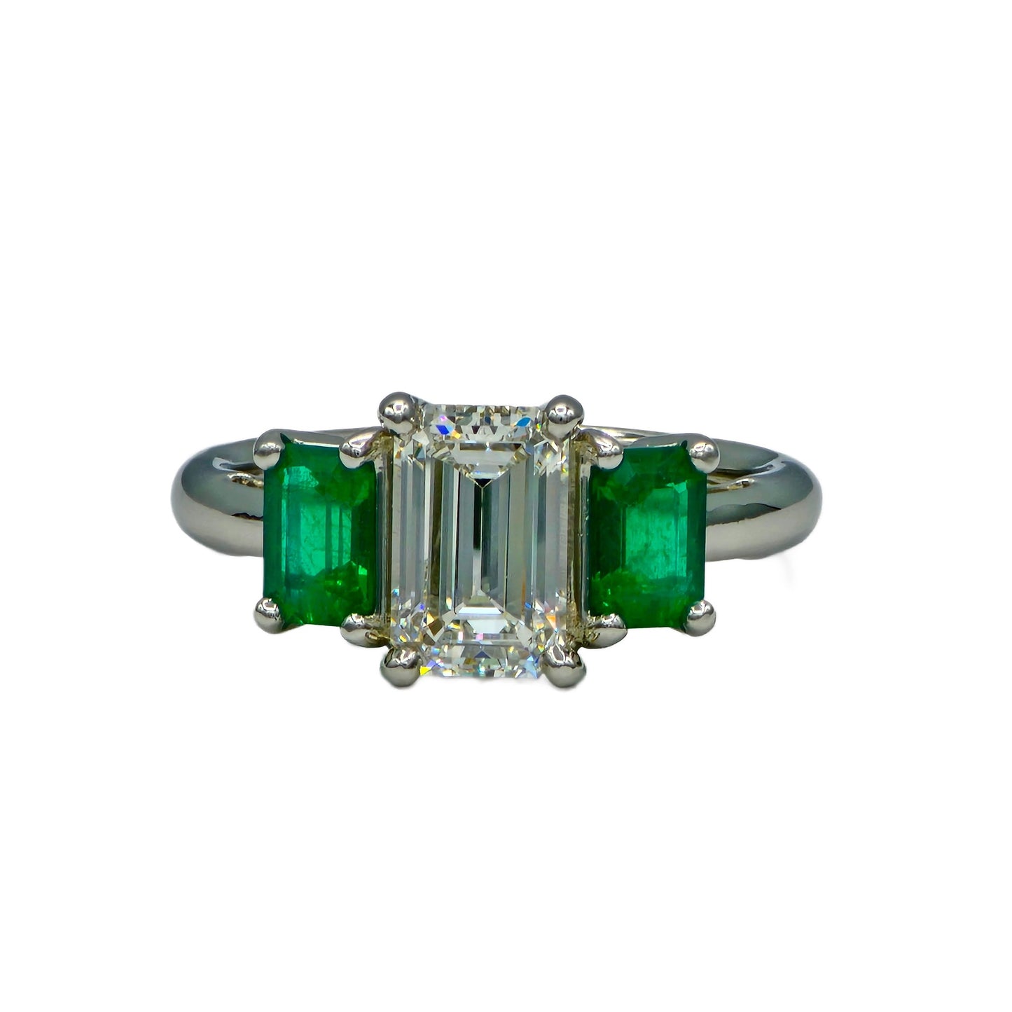 1.74 Carat G/SI1 Emerald Cut Diamond and Emerald Ring in Platinum, GIA Report