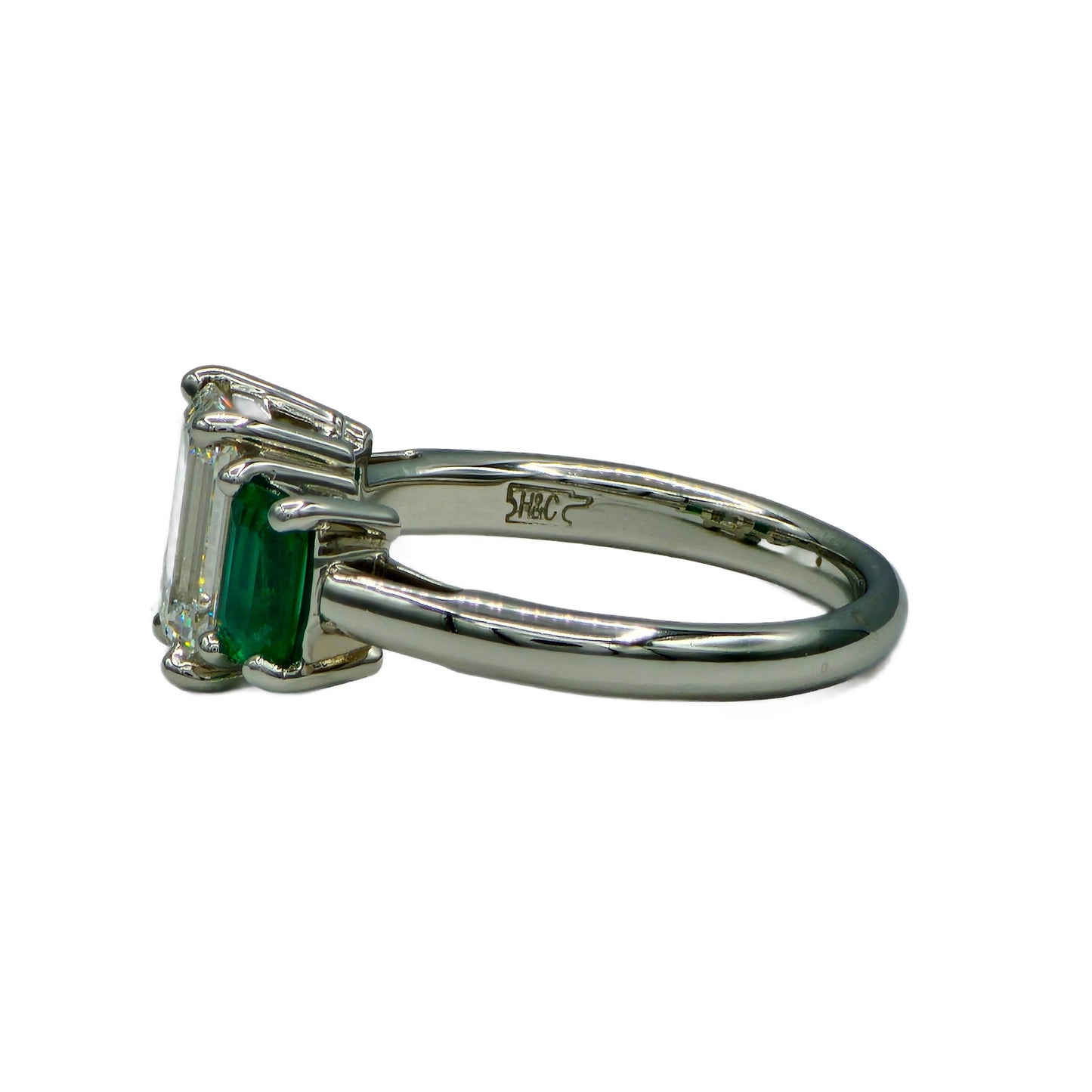 1.74 Carat G/SI1 Emerald Cut Diamond and Emerald Ring in Platinum, GIA Report