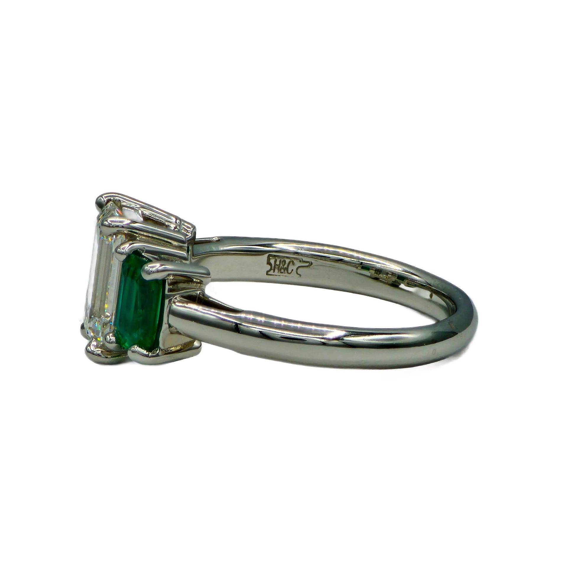 1.74 Carat G/SI1 Emerald Cut Diamond and Emerald Ring in Platinum, GIA Report