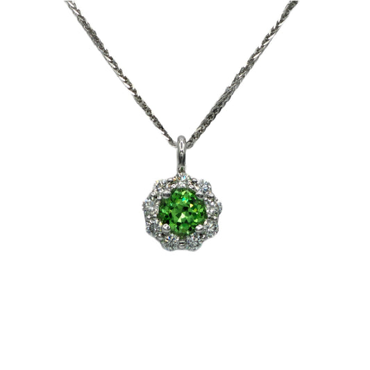 0.98 Carat Round Mint Garnet and 6=0.46 Round Diamond Pendant in 14K White Gold