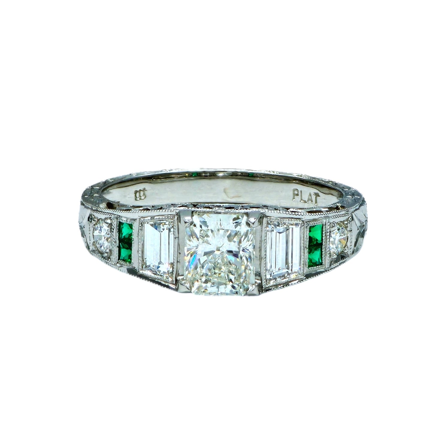 1.02 Carat I/SI1 Radiant Cut Diamond Hand Engraved Ring in Platinum by Whitehouse Brothers, GIA Report