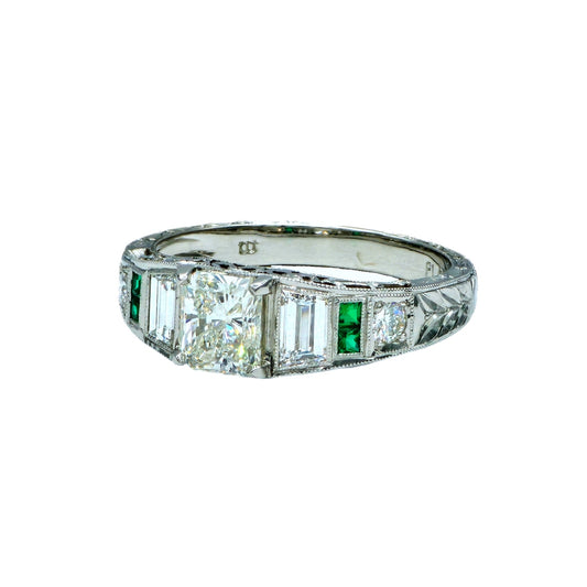1.02 Carat I/SI1 Radiant Cut Diamond Hand Engraved Ring in Platinum by Whitehouse Brothers, GIA Report