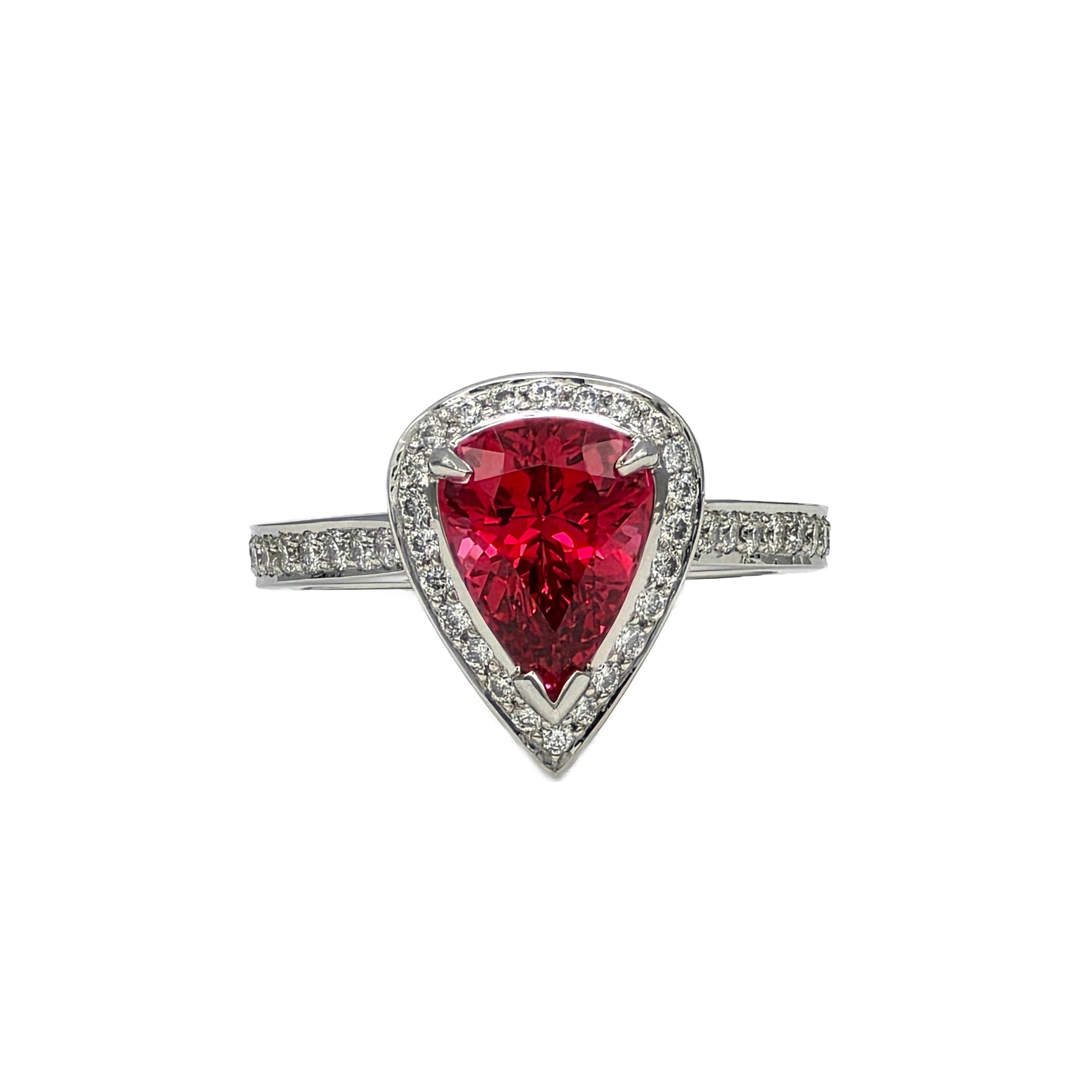 Platinum 2.48 Carat pear shape red spinel and diamond ring