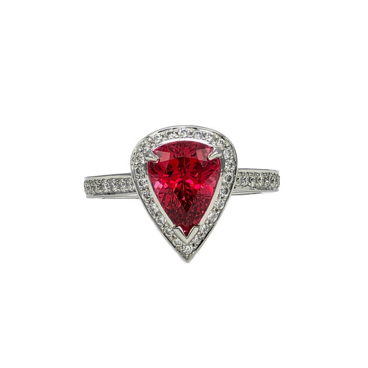 Platinum 2.48 Carat pear shape red spinel and diamond ring