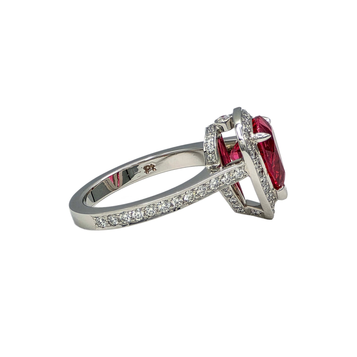 Platinum 2.48 Carat pear shape red spinel and diamond ring