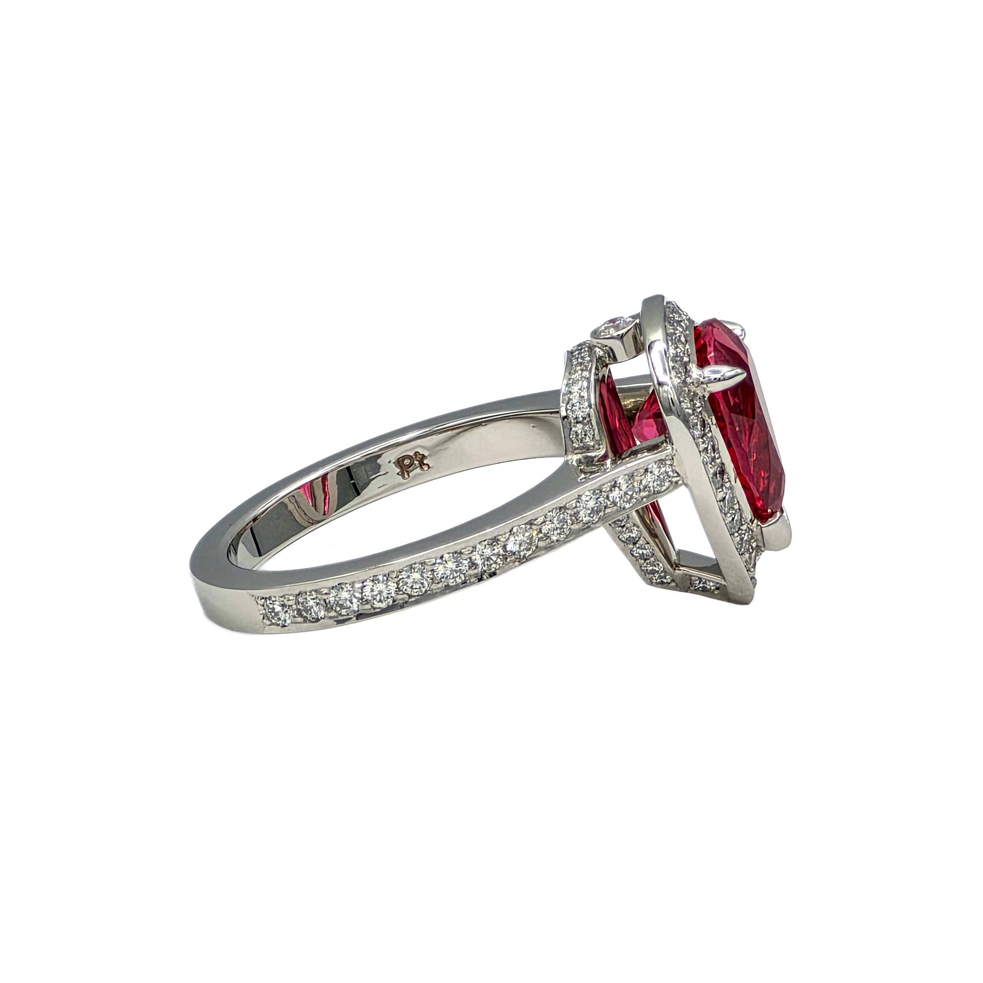 Platinum 2.48 Carat pear shape red spinel and diamond ring