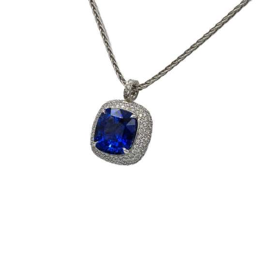 8.27 Carat Cushion Cut Blue Sapphire Pendant in Platinum